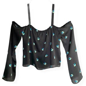 URBAN OUTFITTERS / Black Blue Bird Print Cold Shoulder Crop Tank Size Medium